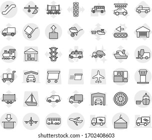 Editable thin line isolated vector icon set - plane, port, loading crane, consolidated cargo, trolley, package, fork loader, train, bus, airport tower, escalator, baggage, garage, conveyor vector