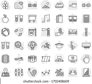 Editable thin line isolated vector icon set - hot drink, lighthouse, school, route, parachute delivery, surfer, landscape, iron, chip vector, seeds, goose, clothespin, paper towel, construct garbage