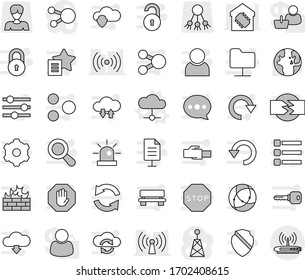 Editable thin line isolated vector icon set - cloud vector, world, share, woman, antenna, social media, connection, network folder, shield, exchange, gear, equalizer, menu, firewall, lan connector