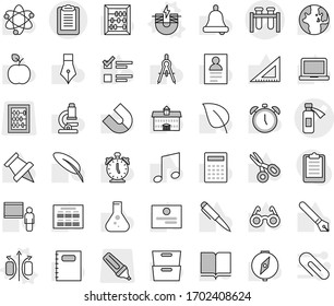 Editable thin line isolated vector icon set - test vial vector, potion bottle, clipboard, magnetic field, electric magnet, book, copybook, pen, university, blackboard, corner ruler, drawing compass