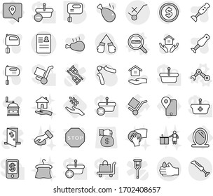 Editable thin line isolated vector icon set - anamnesis vector, do not trolley sign, acid, mirror, data search, robot hand, mixer, harvest, house hold, wiping, hanger, housing, kitchen cleaning