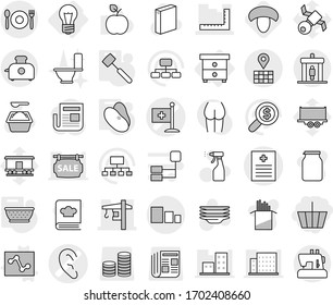 Editable thin line isolated vector icon set - basket, recipe vector, ear, medical flag, ruler, tower crane, map, sorting, detector, cafe, bulb, nightstand, analytics, colander, meat hammer, beans