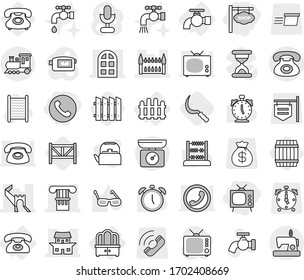 Editable thin line isolated vector icon set - shop signboard, phone, tv, column, greate wall, japanese house, gothic architecture, arch window, train, water tap, dresser, fence, sickle, barrel, farm