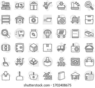 Editable thin line isolated vector icon set - delivery, doctor bag vector, warehouse, 3d, package, fast deliver, safe, rack, conveyor, scoop, washing powder, construct garbage, cereal, archive, gift