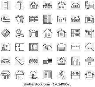 Editable thin line isolated vector icon set - home, tools, bridge, mall, bunker, minaret, houses, slum, hangare, house with garage, modular, window, block wall, brick, city, stairs, repair, level