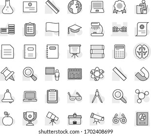 Editable thin line isolated vector icon set - brain vector, school, book, copybook, graduate hat, university, building, blackboard, ruler, drawing compass, glasses, student, apple fruit, atom, bell