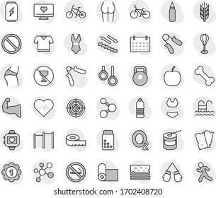 Editable thin line isolated vector icon set - diet vector, measuring, heart pulse, pills vial, bike, weight, hand trainer, horizontal bar, punching bag, muscule, buttocks, boxing glove, swimsuite