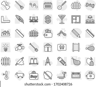 Editable thin line isolated vector icon set - pencil, bone, project, mansion, water tap, fence, robot hand vector, skimmer, salt pepper, chicken leg, cow, shovel, fork, splotch, welcome mat, pen