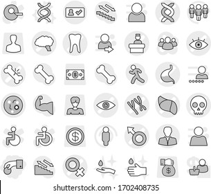 Editable thin line isolated vector icon set - hand coin, eye vector, male sign, female, dna, broken bone, microbe, chromosomes, skull, tooth, stomach, brain, liver, hospital recieption, client, drop