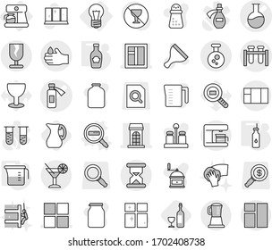 Editable thin line isolated vector icon set - test vial vector, flask, potion bottle, building, window, fragile, acid, chemical, sand clock, cocktail, bulb, coffee maker, data search, vegetable oil