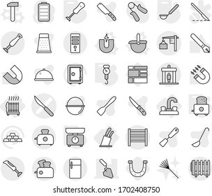 Editable thin line isolated vector icon set - scalpel vector, construction, loading, rack, detector, water tap, radiator, stands for knives, magnet, ladle, hammer, kitchen scales, handle, toaster