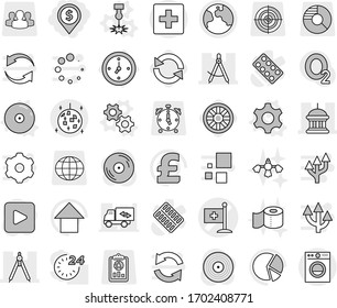 Editable thin line isolated vector icon set - dollar pin, medical flag vector, draw compass, goverment house, drawing compasses, earth, disco ball, first aid, watch, gear, gears, laser, cd, wheel