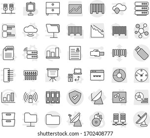 Editable thin line isolated vector icon set - documents, protected, bar code, satellite antenna, vector, server, cloud service, data transfer, analytics, sd card, presentation, archive, graph, clock