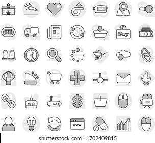 Editable thin line isolated vector icon set - heart, cross vector, trip, arrival, map, wheelbarrow, fire, reload, spices, cake, university, cart, stadium, pills, clock, basket, dollar, diagram, mail