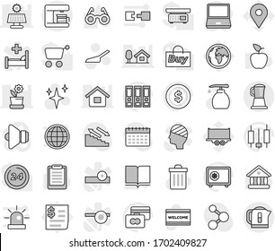 Editable thin line isolated vector icon set - scoop vector, trash bin, shining, welcome mat, liquid soap, book, glasses, apple fruit, clipboard, university, dollar coin, japanese candle, credit card
