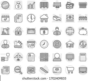 Editable Thin Line Isolated Vector Icon Set - Shop, Calculator, Bridge, Warehouse, Globe, Credit Card, Bar Code, Airplane, Locked, Stairs, Data Search Vector, Cart, Laptop Graph, Manager, Clock, Bag