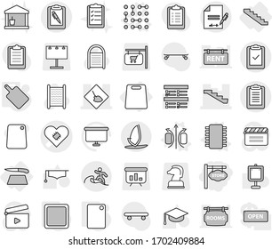 Editable thin line isolated vector icon set - store signboard, pacemaker vector, under construction, stairs, clipboard, pen, check, inventory, surfer, windsurfing, cutting board, magnetic field