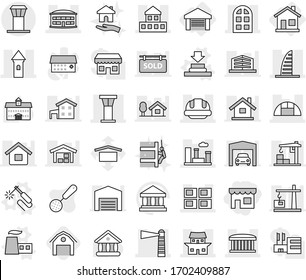 Editable thin line isolated vector icon set - shop, tower, cottage, skyscraper, airport building, lighthouse, panel house, japanese, city, arch window, helmet, greenhouse, home, garage, press, barn