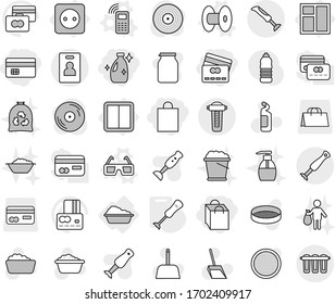 Editable thin line isolated vector icon set - credit card, shopping bag, cleanser, identity, power socket, switch, washing, window, coil vector, mobile phone, 3d glasses, blender, scoop, foam basin