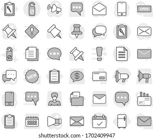 Editable thin line isolated vector icon set - megafon, sms, terms, clipboard pen, document, do not distrub, fridge, envelope vector, paper pin, loudspeaker, woman, calendar, mail, message, money