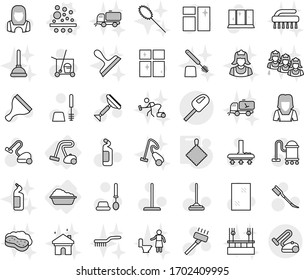 Editable thin line isolated vector icon set - washing, vacuum cleaner, filter vector, rag, scraper, trolley, mop, car fetlock, window cleaning, toilet brush, agent, shining, woman, sweeper, house