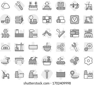 Editable thin line isolated vector icon set - nail, hangare, factory, port, customs control, warehouse scales, transporter tape, power socket, table, vector, press, ladle, pipes, wrench, conveyor