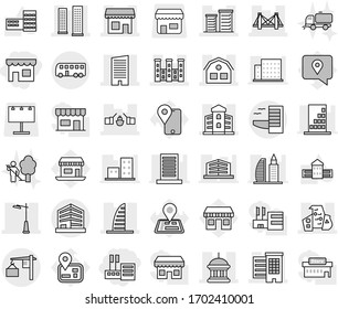 Editable thin line isolated vector icon set - shop, store, bridge, drawbridge, houses, goverment house, skyscrapers, skyscraper, modern architecture, building, district, palace, outdoor light, bus