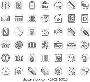Editable thin line isolated vector icon set - pencil, add to basket, percent, equalizer, info, bone vector, brain, bridge, 3d, smart house, fence, bulb, blocks, connect, eggplant, washer, cake, home