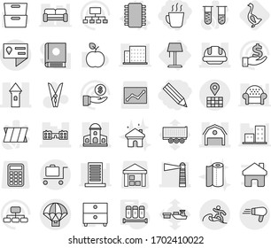 Editable thin line isolated vector icon set - pencil, hot drink, tower, mansion, lighthouse, barn, school, building helmet, location details, map, parachute delivery, surfer, baggage trolley, spices