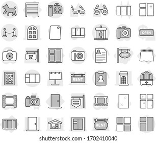 Editable thin line isolated vector icon set - shop signboard, building, window, door, arch, vip fence, detector, dog, curtain, dresser, rack, camera vector, cleaning, shining, clean, cutting board