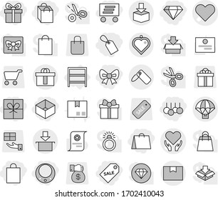 Editable thin line isolated vector icon set - gift, bow, shopping bag, box, label, sale, delivery, diamond, necklace, heart vector, health care, package, hi quality, parachute, pendant, rack, cart