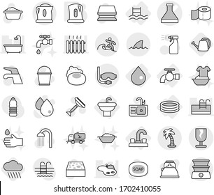 Editable thin line isolated vector icon set - flask vector, fragile, palm, diving mask, surfer, shark flipper, drop, water tap, sink, inflatable pool, kettle, rain cloud, watering can, soap, scraper