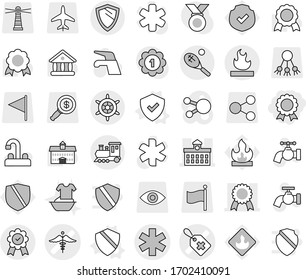 Editable thin line isolated vector icon set - medal, ambulance star vector, medical label, sign, university, flammable, train, tennis, shield, handwheel, water tap, handle washing, protected, share