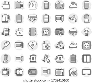 Editable thin line isolated vector icon set - tv, pacemaker vector, bulb, air conditioning, power socket, switch, kettle, vacuum cleaner, chip, battery, microwave oven, iron, toaster, radio, blender