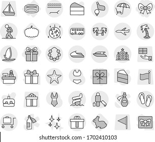 Editable thin line isolated vector icon set - gift, bow, hi quality package, plane, bus, tourist, passenger, lounger, palm, hawaiian wreath, disco ball, aquapark, starfish, baggage trolley, hotel