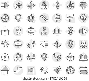 Editable thin line isolated vector icon set - dollar pin, right arrow, singlepost, trip, geo, map, route, escalator, signpost, handwheel, compass, electric magnet vector, up, traffic light, top sign