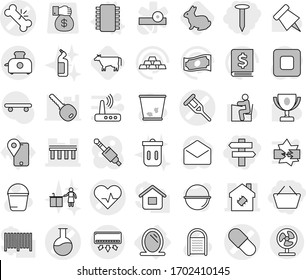 Editable thin line isolated vector icon set - basket, singlepost, nail, heart pulse vector, crutch, broken bone, pill, flask, bridge, smart house, mirror, chip, cow, rabbit, bucket, trash bin, cash