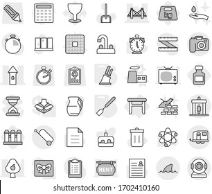 Editable thin line isolated vector icon set - tower, bridge, trailer, detector, suitcase, camera, shark flipper, stool, cpu vector, factory, spatula, knife holder, pills bottle, grain elevator, jug