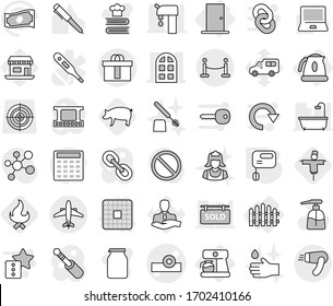 Editable thin line isolated vector icon set - head reflector vector, arch window, hi quality package, vip fence, airplane, coffee maker, kettle, door, cpu, mixer, pig, fire, scarecrow, liquid soap