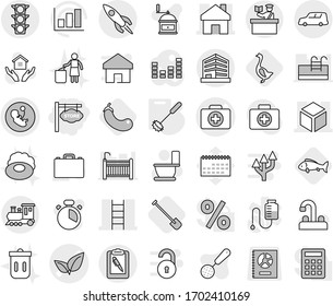 Editable thin line isolated vector icon set - store signboard, pregnancy vector, doctor case, leafs, home, 3d, stairs, office, traffic light, car shipping, clipboard pen, rocket, train, inspector