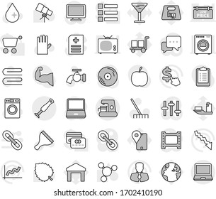 Editable thin line isolated vector icon set - scraper vector, rake, towel, water drop, tap, washer, rubber glove, telescope, molecule, leaf, graph, crisis, manager, dollar cursor, diet, clipboard