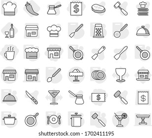 Editable thin line isolated vector icon set - receipt, shop, hot drink, cocktail, restaurant, pan, cook hat, chief, skimmer, spatula, big spoon, meat hammer, plates, fork plate, grater, meal cap