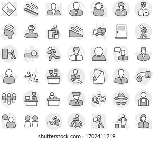 Editable thin line isolated vector icon set - hand coin, broken vector, doctor, under construction, client, support manager, customs control, courier delivery, security man, workman, confidential