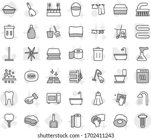 Editable thin line isolated vector icon set - tooth vector, washing, scoop, filter, towel, soap, plunger, cleaner trolley, broom, fetlock, mop, sponge, trash bin, bath, toilet, drying clothes, and