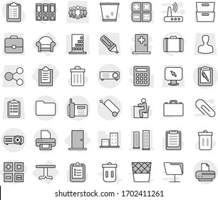 Editable thin line isolated vector icon set - clipboard, calculator, skyscrapers, phone, pen, documents, suitcase, table, armchair, door, trash bin vector, student, case, archive, binder, portfolio