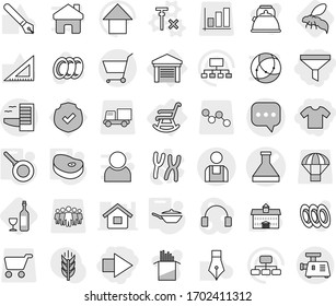 Editable thin line isolated vector icon set - right arrow, funnel, t shirt, flask vector, sms, workman, hotel, cart, rocking chair, garage, no signal, pan, steake, wasp, wine, plates, kettle, pasta