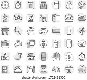 Editable thin line isolated vector icon set - scales weight, pacemaker vector, tower, castle, arch, greate wall, building, minaret, japanese house, restaurant, water tap, dresser, phone, kettle, big