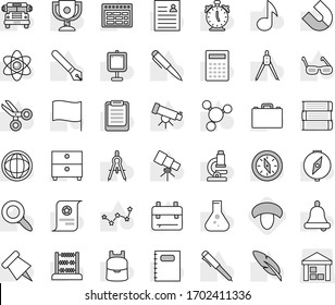 Editable thin line isolated vector icon set - mushroom, book vector, copybook, pen, drawing compass, glasses, case, backpack, atom, telescope, microscope, bell, calculator, alarm clock, schedule