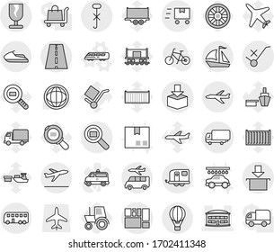 Editable thin line isolated vector icon set - airport building, road, shipping, consolidated cargo, fragile, do not trolley sign, hook, package, search, fast deliver, plane, trailer, bus, sail boat