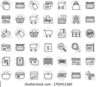 Editable thin line isolated vector icon set - cart, basket, credit card, account balance, add to, delete, shop, shopping bag, label, sale, bar code, vector, cargo search, signboard, receipt, medal